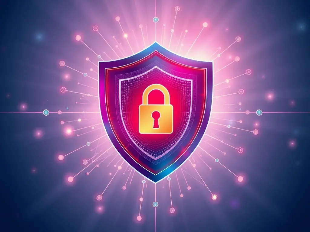 A digital illustration of a shield with a lock inside, representing cybersecurity solutions.