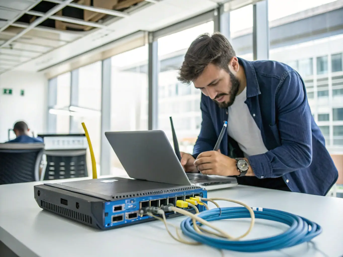 A network engineer configuring a router in a small business office, symbolizing network setup services.